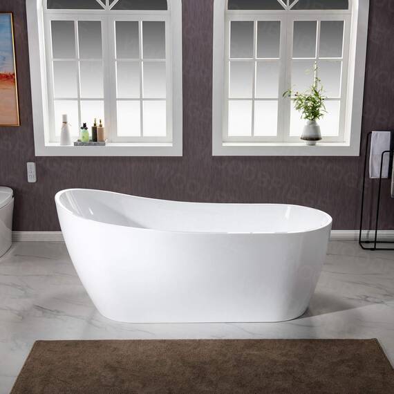 WOODBRIDGE 170 cm freistehende weiße Acryl-Badewanne mit mattschwarzem Abfluss und Überlauf, BTA1508-MB-Drain &O