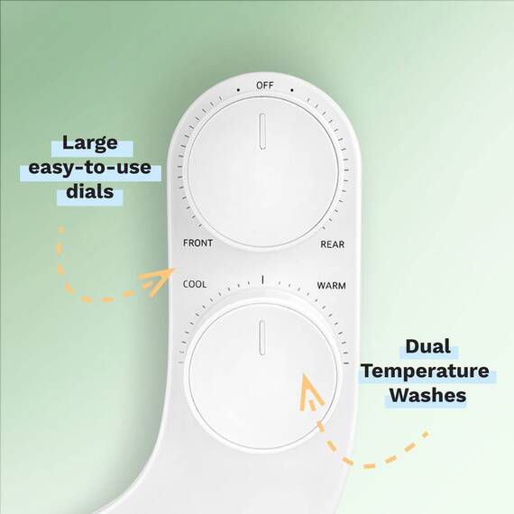 Omigo Element+ Dual Temp Bidet-Aufsatz, nicht elektrisch, dünn, modernes Design, spezielle selbstreinigende Düsen hinten und vorne, mit intuitiver Druckregelung