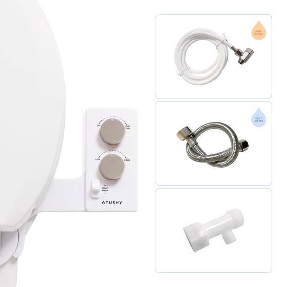 TUSHY Spa Warmwasser-Bidet-Aufsatz für Toilette. Universelle Passform, einfache Installation (benötigt Zugang zum Waschbecken für optionale Temperaturregelung) Selbstreinigend, einstellbarer Druck,