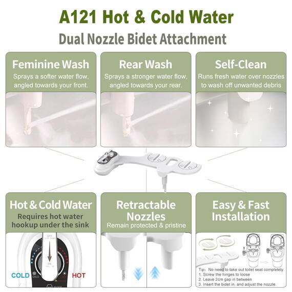APURE BIDET A121 Warm- und Kaltwasser-Bidet-Aufsatz für WC-Sitz, Doppeldüse, Rücken- und Damenwäsche, selbstreinigend, einstellbarer Wasserdruck, nicht elektrischer Bidet-Toilettensitzaufsatz