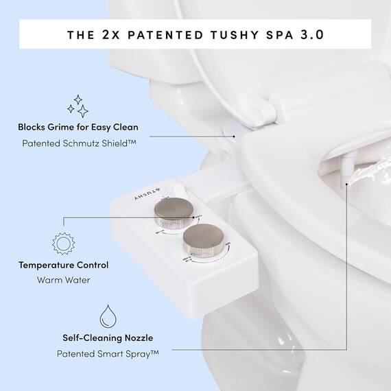 TUSHY Spa Warmwasser-Bidet-Aufsatz für Toilette. Universelle Passform, einfache Installation (benötigt Zugang zum Waschbecken für optionale Temperaturregelung) Selbstreinigend, einstellbarer Druck,