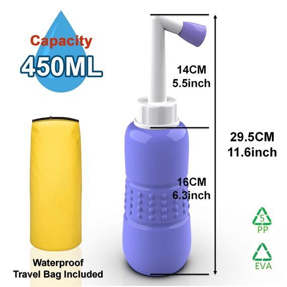 2 Stück Tragbarer Bidet -Portable Bidet - Travel Bidet - Peri Bottle - Hand-Bidet für Bidet, tragbar, mit Reisetasche, 450 ml Fassungsvermögen und abgewinkelter Düse