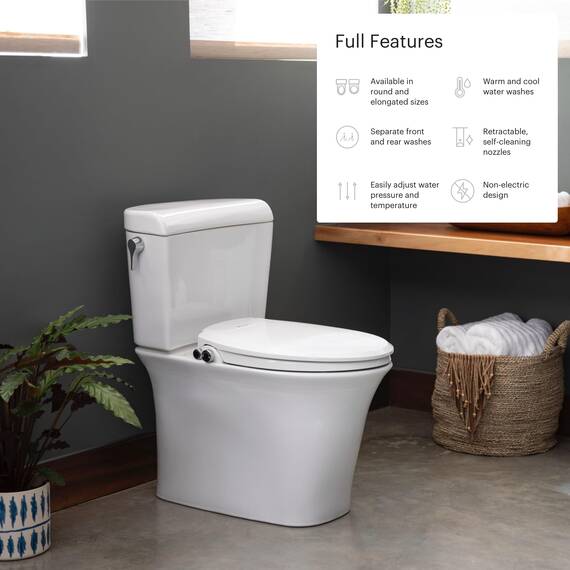 Brondell Swash Bidet-WC-Sitz, nicht elektrisch, 2 Temperaturen, passt auf runde Toiletten, Weiß, Doppeldüsen-System, einfache Installation