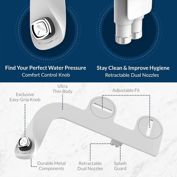 Bio Bidet SlimEdge Bidet-Aufsatz für Toilette, nicht elektrisch, selbstreinigende Doppeldüsen für vorne und hinten, Kaltwasserwäsche, einstellbarer Wasserdruck, ultradünnes Design, Weiß, 2 Stück