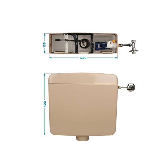 Calmwaters® Spülkasten Beige mit Spül-Stopp-Funktion, 6-9 Liter Spülmenge, Aufputzspülkasten WC schmal, flacher Spülkasten Elements, Aufputz-Montage, Start-Stopp-Taste, Beige-Bahamabeige, 29HB2716