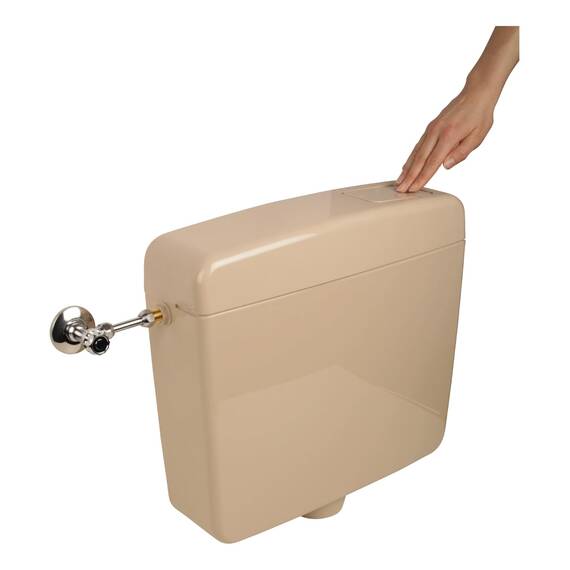 Calmwaters® Spülkasten Beige mit Spül-Stopp-Funktion, 6-9 Liter Spülmenge, Aufputzspülkasten WC schmal, flacher Spülkasten Elements, Aufputz-Montage, Start-Stopp-Taste, Beige-Bahamabeige, 29HB2716
