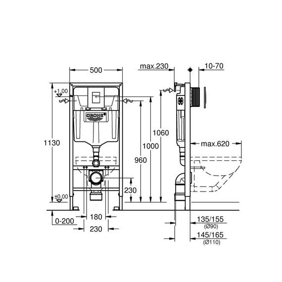 GROHE Rapid SL - 3 in 1 Set für WC (mit Schnellverstellung und Höhensicherung, tiefenverstellbar, Zu- und Ablaufgarnitur, fixierte Objektanschlüsse), chrom, 38772001