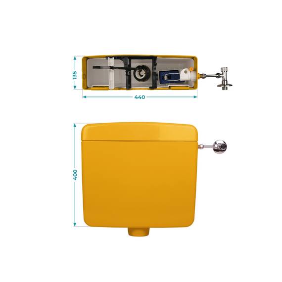 Calmwaters® Spülkasten Curry mit Spül-Stopp-Funktion, 6-9 Liter Spülmenge, Aufputzspülkasten WC schmal, flacher Spülkasten Elements, Aufputz-Montage, Start-Stopp-Taste, Curry-Gelb, 29HB2729