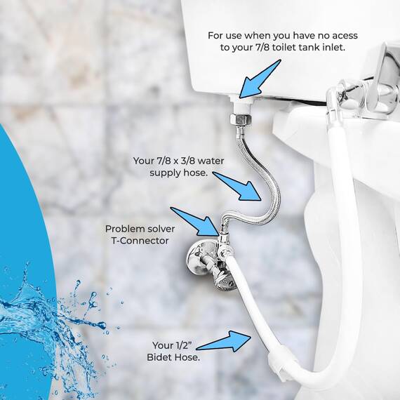 GenieBidet 3/8 x 3/8 x 1/2 Zoll Problemlöser T-Anschluss Verbindet an Ihre 3/8-Wasserversorgung/Winkelventil anstelle des 7/8-WC-Einlass. Problemlöser für TOTO & Einteilige Toiletten