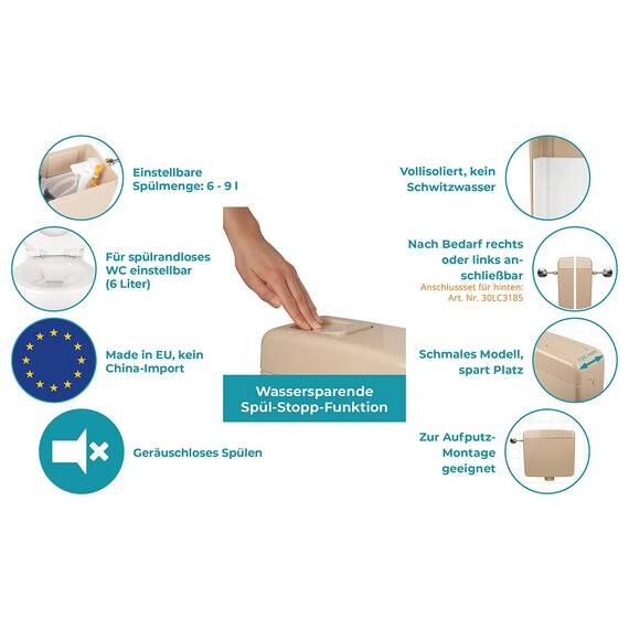 Calmwaters® Spülkasten Beige mit Spül-Stopp-Funktion, 6-9 Liter Spülmenge, Aufputzspülkasten WC schmal, flacher Spülkasten Elements, Aufputz-Montage, Start-Stopp-Taste, Beige-Bahamabeige, 29HB2716