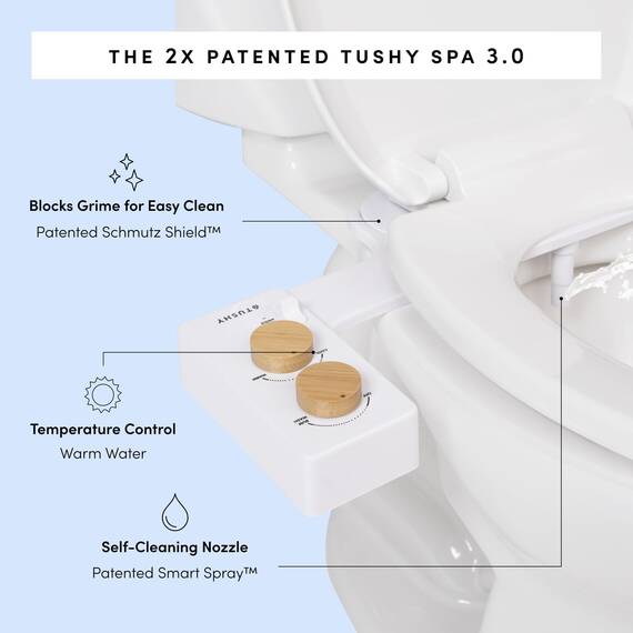 Tushy 3.0 Warmwasser-Bidet-Aufsatz | Selbstreinigender Frischwassersprüher + verstellbare Druckdüse, Winkelsteuerung (einstellbare Kalt- bis Warmwassertemperatur-Option), Bambusknöpfe