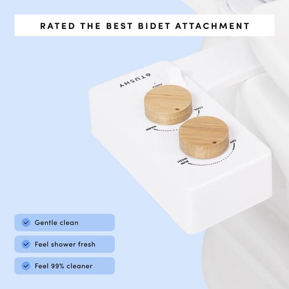 Tushy 3.0 Warmwasser-Bidet-Aufsatz | Selbstreinigender Frischwassersprüher + verstellbare Druckdüse, Winkelsteuerung (einstellbare Kalt- bis Warmwassertemperatur-Option), Bambusknöpfe