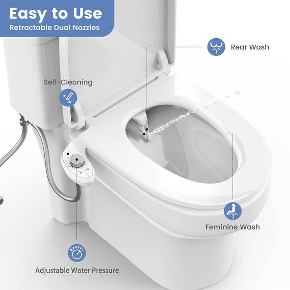 Aresmata Ultradünner Bidet-Aufsatz für Toilette – Müheloser nicht elektrischer Selbstreinigender Dual-einziehbare Düsen Bidets Toilettensitz, einstellbarer Wasserdruck Frischwassersprüher Baday