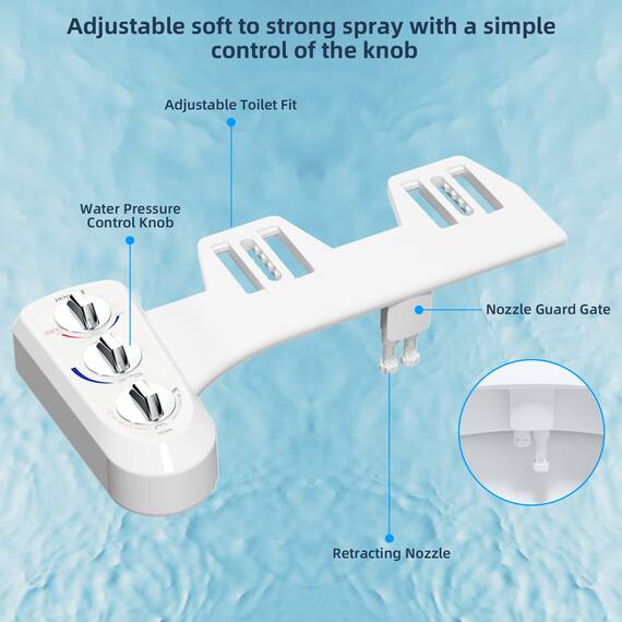 Hibbent Runde Bidet-WC-Sitze, nicht elektrisch, mit separatem, hygienisches Waschen für hintere und weibliche Reinigung – An/Aus, Metall-T-Adapter im Lieferumfang enthalten