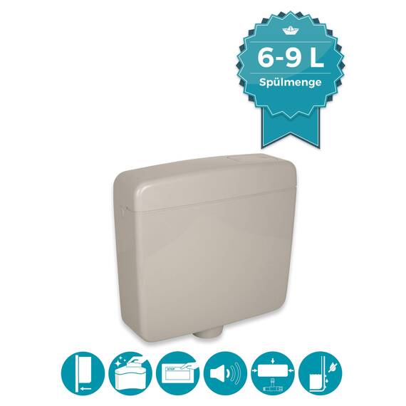 Calmwaters® Spülkasten Grau mit Spül-Stopp-Funktion, 6-9 Liter Spülmenge, Aufputzspülkasten WC schmal, flacher Spülkasten Elements, Aufputz-Montage, Start-Stopp-Taste, Manhattan-Grau, 29HB2717