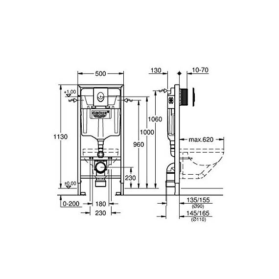 Grohe Rapid SL 2-in-1 Set für Wand-WC, 1, 13 M, 2-in-1 Set mit Betätigungsplatte Skate Air in Chrom, 38763001