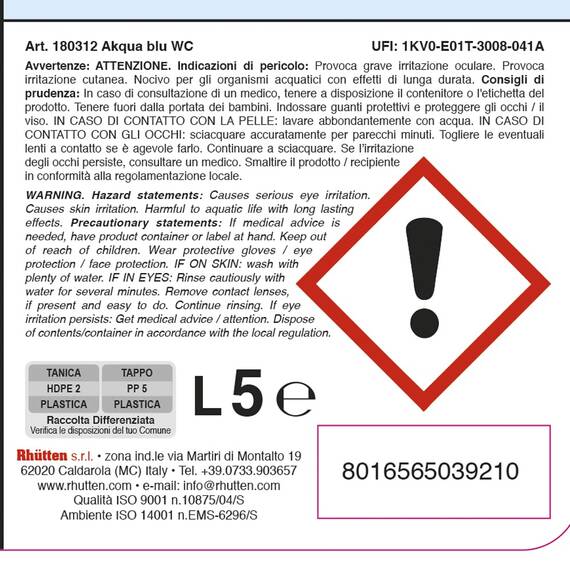 Rhutten 180312 Chemieflüssigkeit Akqua Blau WC 5 Liter
