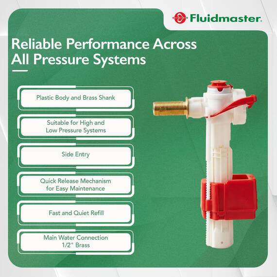 Fluidmaster PRO75B Pro Seite Eintrag Füllventil mit 1/2 Zoll Heavy Duty Messing Schaft – Weiß