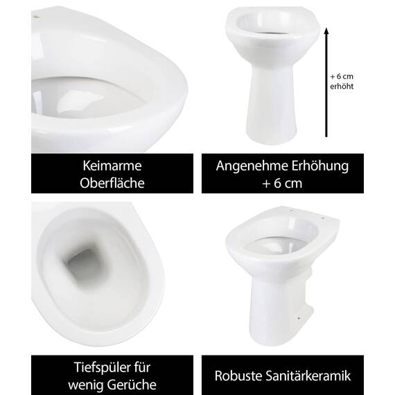 AquaSu Stand-WC +6 cm | Erhöhtes WC +6 cm | Bodenstehende Toilette | Erhöhtes WC | Für große Menschen und für Senioren | Geruchsarmer Tiefspüler | Abgang waagerecht | Weiß | Klo | 02583 6