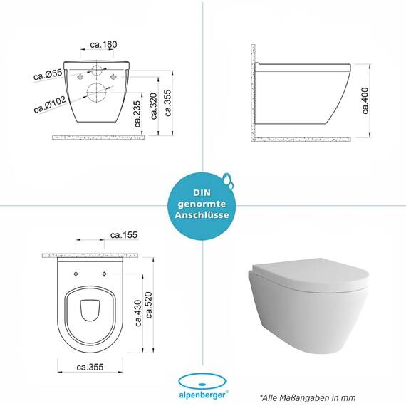Alpenberger Wand WC Spülrandlos | Moderne Toilette WC Set | Tiefspüler Hänge WC | Toilettendeckel D Form | WC Sitz mit Absenkautomatik | Gäste WC mit Nano | Passend zu Geberit