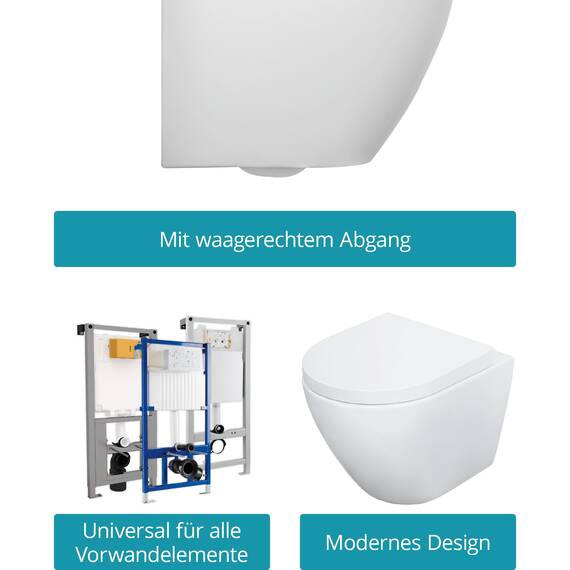 Calmwaters® Wand WC spülrandlos Weiß, mit WC-Sitz, Raumspar WC: 45 cm Ausladung, mit Absenkautomatik, Tiefspüler, Hänge WC, Wandmontage, Sanitärkeramik, 08AB6159