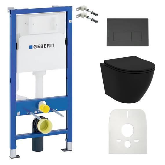 Lavita Duofix Basic Vorwandelement + Wand Tiefspül WC Brava Schwarz Tornado Spülsystem + WC Sitz mit Absenkautomatik + Bedienplatte Delta 25 Schwarzer Knopf Komplettset Unterputz Toilette WC