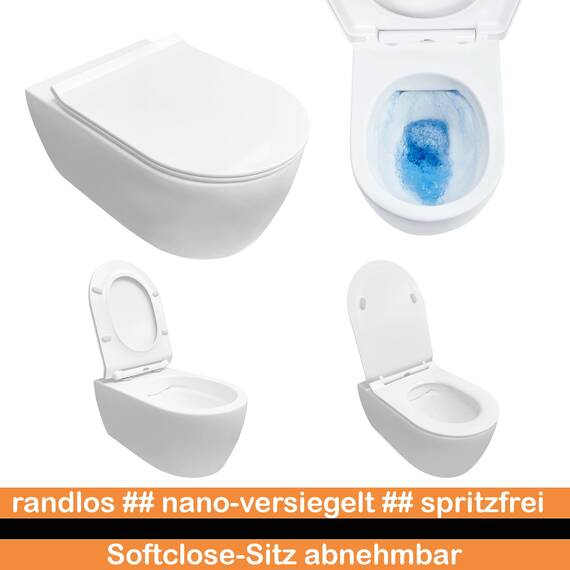 NEG Design Hänge-WC Uno11RL-Slimline (55,5 cm) randlos & spritzfrei verdeckte Montage mit Nano-Versiegelung inkl. abnehmbarem Softclose WC-Sitz (extraflach)