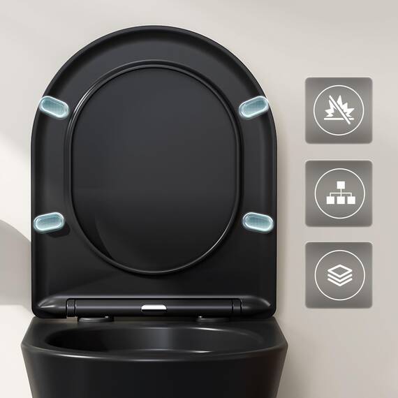 Hänge WC Spülrandlos Wand WC Mattschwarz mit Toilettendeckel mit Absenkautomatik - Toilette Kloschüssel Keramik mit Nano Beschichtung - WC Toiletten Einloch-Superspin-Spülung
