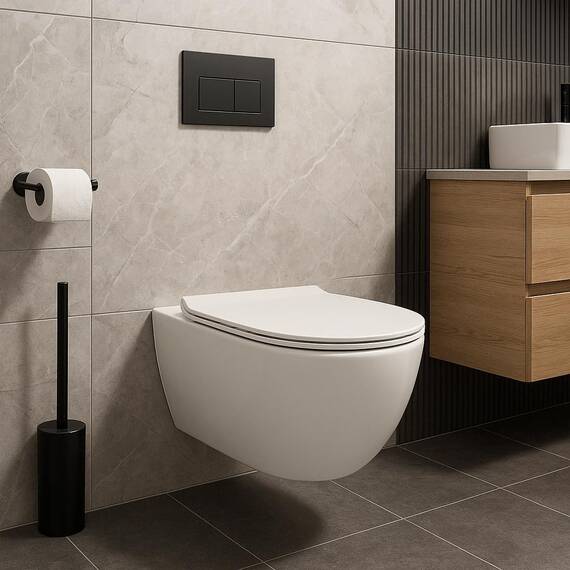 NEG Design Hänge-WC Uno11RL-Slimline (55,5 cm) randlos & spritzfrei verdeckte Montage mit Nano-Versiegelung inkl. abnehmbarem Softclose WC-Sitz (extraflach)