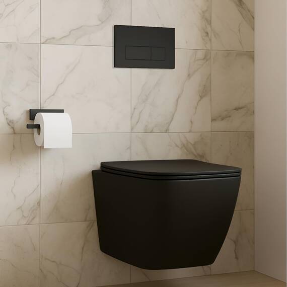 Lavita WC Set: Geberit Duofix Basic Vorwandelement + Wand Tiefspül WC Lago Schwarz Spülrandlos + WC Sitz + Bedienplatte Delta 25 Schwarzer Knopf Komplettset Unterputz Spülkasten Toilette Komplett Sett