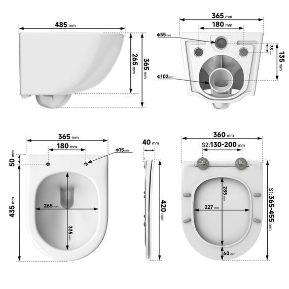 Rainsworth Wand WC Spülrandlos - Hänge Toilette Kraftvolle Spülung, mit effizienter Spültechnik, Kloschüssel inklusive WC-Sitz mit Absenkautomatik und Schnellspanner, Weiß, 48,5 cm