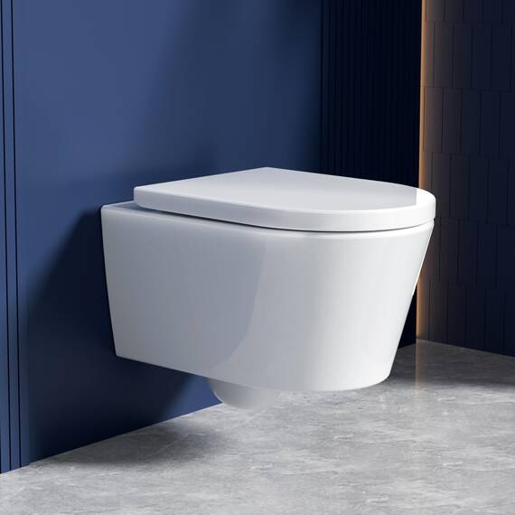 Rainsworth Spülrandlos Wand-WC Tiefspül Toilette - Hänge Toiletten mit effizienter Spültechnik, Kloschüssel inklusive WC-Sitz mit Absenkautomatik und Schnellspanner, Weiß, 48,5 cm lang