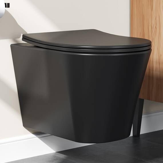 Hänge WC Spülrandlos Wand WC Mattschwarz mit Toilettendeckel mit Absenkautomatik - Toilette Kloschüssel Keramik mit Nano Beschichtung - WC Toiletten Einloch-Superspin-Spülung