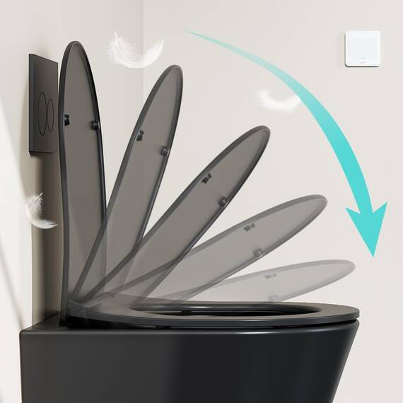 Hänge WC Spülrandlos Wand WC Mattschwarz mit Toilettendeckel mit Absenkautomatik - Toilette Kloschüssel Keramik mit Nano Beschichtung - WC Toiletten Einloch-Superspin-Spülung