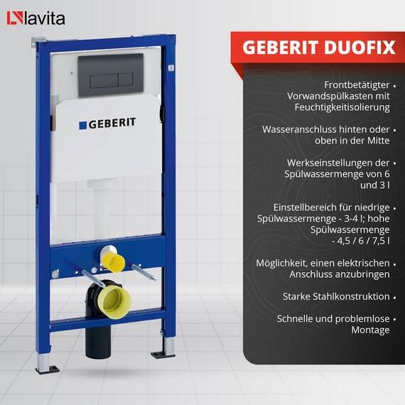 Lavita WC Set: Geberit Duofix Basic Vorwandelement + Wand Tiefspül WC Lago Schwarz Spülrandlos + WC Sitz + Bedienplatte Delta 25 Schwarzer Knopf Komplettset Unterputz Spülkasten Toilette Komplett Sett