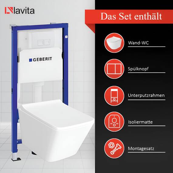 GEBERIT Duofix Basic Vorwandelement + Wand Tiefspül WC Maio Weiß Spülrandlos + WC Sitz + Bedienplatte Delta 25 Weißer Knopf Komplettset Unterputz Spülkasten Toilette Komplett Sett WC