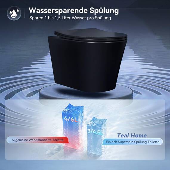 Hänge WC Spülrandlos Wand WC Mattschwarz mit Toilettendeckel mit Absenkautomatik - Toilette Kloschüssel Keramik mit Nano Beschichtung - WC Toiletten Einloch-Superspin-Spülung