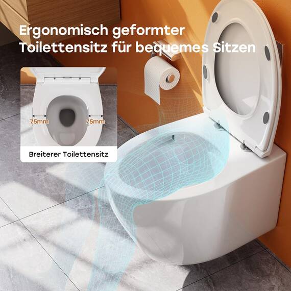 Hänge WC Toilette aus Keramik mit Toilettendeckel mit Absenkautomatik - Wand WC Spülrandlos mit Einloch-Superspin-Spülung - Toilettenschüssel Weiß mit Nano Beschichtung
