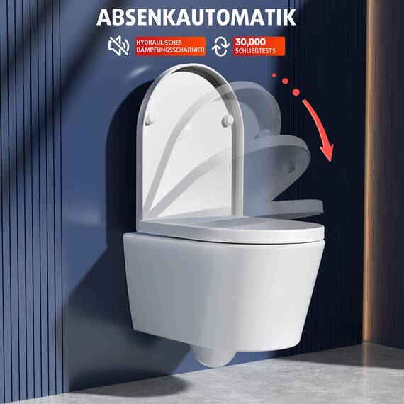 Rainsworth Spülrandlos Wand-WC Tiefspül Toilette - Hänge Toiletten mit effizienter Spültechnik, Kloschüssel inklusive WC-Sitz mit Absenkautomatik und Schnellspanner, Weiß, 48,5 cm lang