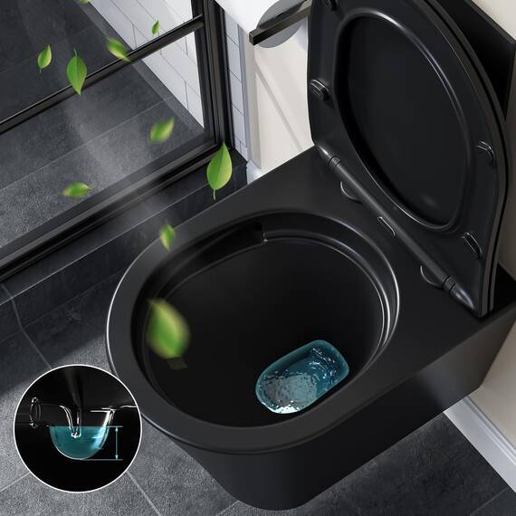 Hänge WC Spülrandlos Wand WC Mattschwarz mit Toilettendeckel mit Absenkautomatik - Toilette Kloschüssel Keramik mit Nano Beschichtung - WC Toiletten Einloch-Superspin-Spülung