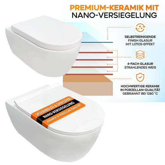 NEG Design Hänge-WC NEG Uno11RL (55,5cm) randlos & spritzfrei, verdeckte Montage mit Nano-Versiegelung inkl. abnehmbarem Soft-Close WC-Sitz