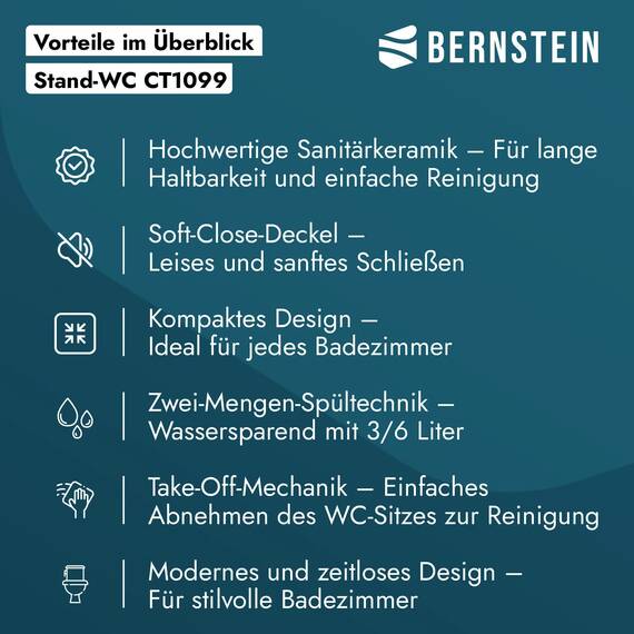 Bernstein Stand-WC mit Spülkasten CT1099, Stand-WC aus Keramik in Weiß - inkl. WC-Deckel aus Duroplast mit Absenkautomatik - Wasseranschluss oben