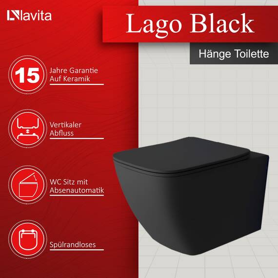 Lavita WC Set: Geberit Duofix Basic Vorwandelement + Wand Tiefspül WC Lago Schwarz Spülrandlos + WC Sitz + Bedienplatte Delta 25 Schwarzer Knopf Komplettset Unterputz Spülkasten Toilette Komplett Sett