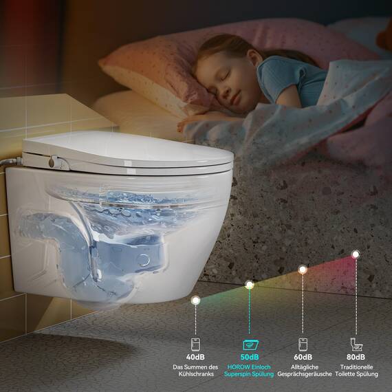 HOROW Hänge-WC-Set D-Form + Bidet-Aufsatz: Sanftschließender Sitz, 2 Düsen (Gesäß & Lady), Kompakt, ohne Stromanschluss, Abnehmbarer Sitz, Dusch-WC Funktion
