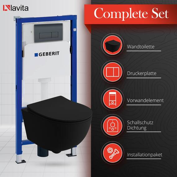 Lavita Duofix Basic Vorwandelement + Wand Tiefspül WC Brava Schwarz Tornado Spülsystem + WC Sitz mit Absenkautomatik + Bedienplatte Delta 25 Schwarzer Knopf Komplettset Unterputz Toilette WC