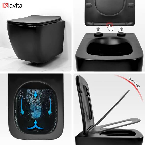 Lavita WC Set: Geberit Duofix Basic Vorwandelement + Wand Tiefspül WC Lago Schwarz Spülrandlos + WC Sitz + Bedienplatte Delta 25 Schwarzer Knopf Komplettset Unterputz Spülkasten Toilette Komplett Sett