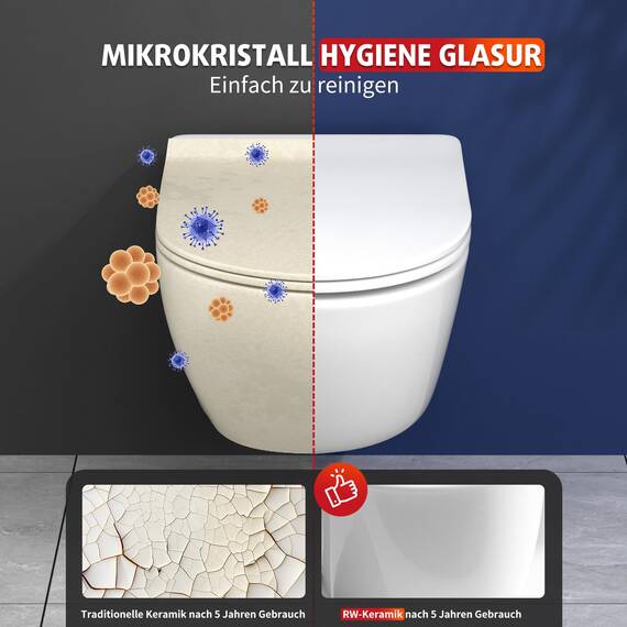 Rainsworth Wand WC Spülrandlos - Hänge Toilette Kraftvolle Spülung, mit effizienter Spültechnik, Kloschüssel inklusive WC-Sitz mit Absenkautomatik und Schnellspanner, Weiß, 48,5 cm