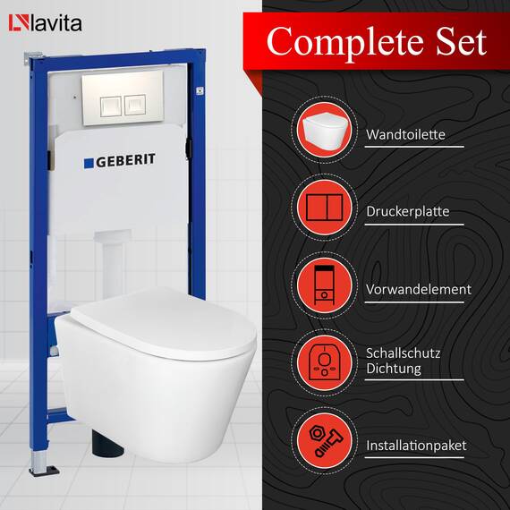Lavita WC Set: Duofix Basic Vorwandelement + Lavita Wand Tiefspül WC Versoni Weiß Spülrandlos Tornado Spülsystem + WC Sitz mit Absenkautomatik + Bedienplatte Delta 25 Weißer Knopf Komplettset