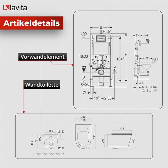 Lavita WC Set: Duofix Basic Vorwandelement + Lavita Wand Tiefspül WC Versoni Black Spülrandlos Tornado Spülsystem + WC Sitz mit Absenkautomatik + Bedienplatte Delta 25 Schwarzer Knopf Komplettset
