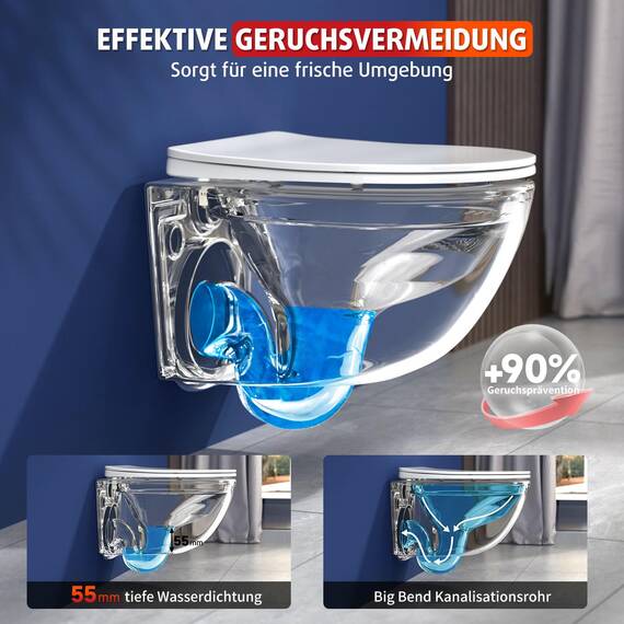 Rainsworth Wand WC Spülrandlos - Hänge Toilette Kraftvolle Spülung, mit effizienter Spültechnik, Kloschüssel inklusive WC-Sitz mit Absenkautomatik und Schnellspanner, Weiß, 48,5 cm